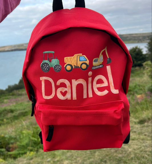 Personalised Kids Backpack – Diggers & Trucks Theme