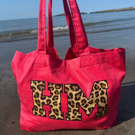 Personalised Organic Cotton Tote – Large Leopard-Print Initials or Custom Lettering