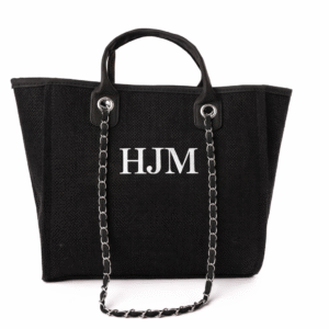 Medium Initial Chain Canvas Tote – Black