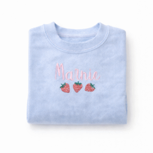 Strawberry Embroidered Name Jumper – Baby Blue